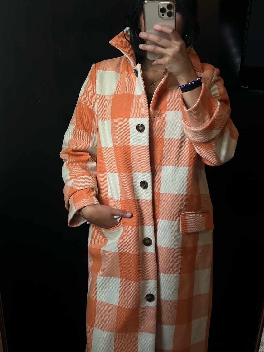 Womens Orange & Cream Check Pea Coat